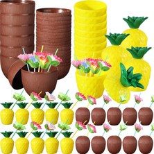 Tropikal Parti Bardak Seti – Ananas ve Hindistan Cevizi Şekilli Pipetli Bardaklar (20 Adet) Dıe G