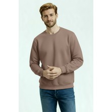 Kahverengi Erkek Sıfır Yaka 3 Iplik Sweatshirt Içi Polarlı Kışlık Kalın