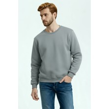 Gri Erkek Sıfır Yaka 3 Iplik Sweatshirt Içi Polarlı Kışlık Kalın