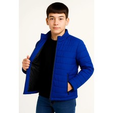 Erkek Çocuk Şişme Mont Hafif ve Sıcak Tutucu Kışlık Fermuarlı Su Itici Rahat Günlük Mont Kapüşonuz Modern Tasarım - Saks Mavisi