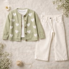 Kız Çocuk Kalp Desenli 3'lü Triko Hırka Sweat ve Pantolon Takım