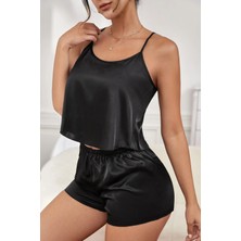 SHC4200 Kadın Siyah Asimetrik Sırt Dekolte Detaylı Şık Şortlu Gecelik Takım