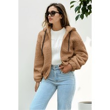 Hiramir Peluş Kapüşonlu Kadın Bomber Mont Taş KS2503