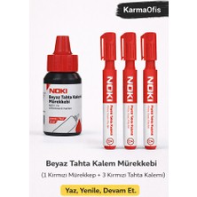 KarmaOfis Kırmızı Tahta Kalemi + Mürekkep Seti (1 Mürekkep + 3 Kalem)