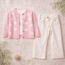 Kız Çocuk Kalp Desenli 3'lü Triko Hırka Sweat ve Pantolon Takım