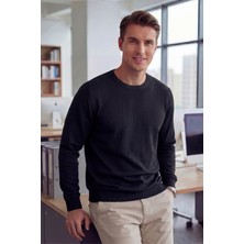 Siyah Erkek Selanik Kumaş Sıfır Yaka Sweatshirt Rahat Kalıp Kol Etek Lastikli