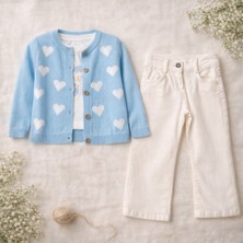 Kız Çocuk Kalp Desenli 3'lü Triko Hırka Sweat ve Pantolon Takım