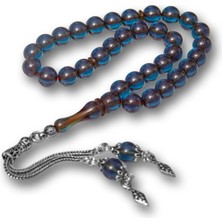 Turtcest Gümüş Püsküllü Deniz Mavisi Yuvarlak Sıkma Kehribar Tesbih