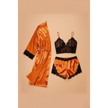 Gd Goldoremi Kadın Sabahlıklı Büstiyerli Şortlu Kimono 3'lü Pijama Takım