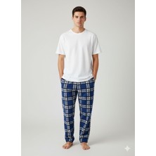 Biricik İç Giyim Erkek Kareli, Ekoseli Cepli Mavi Renk Süet Pijama Altı, Ev Giyim, Tek Alt
