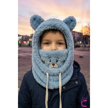 Cinderella Sevimli Ayıcıklı Yumuşak Peluş Bere Boyunluklu Şapka Atkı Bir Arada Mavi 3-12 Yaş Kışlık Hediyelik