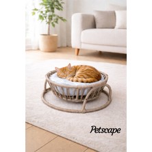Petscape Minderli Hasır Kedi Köpek Yatağı Doğal Rattan Tasarım Yumuşak Minderli Evcil Hayvan Yatağı - Bej