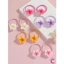Cinderella 10'lu Plumeria Çiçekli Dayanıklı Renkli Kız Çocuk Lastik Toka - Gür Saç Esnek Lastikli Saç Tokası