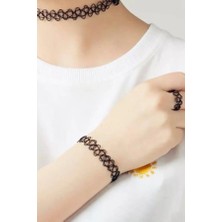 Siyah Renk Elastik Choker Kolye | Bileklik ve Yüzük Set
