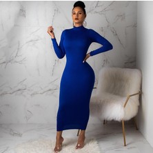 Pink Life Saks Mavi Sandy Kumaş Maksi Elbise