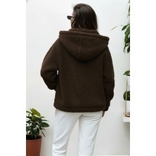 Hiramir Peluş Kapüşonlu Kadın Bomber Mont Taş KS2503