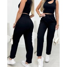 Kadın Yüksek Bel Cepli Paça Ağzı Pile Detaylı Ithal Krep Pantolon