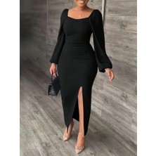 Kadın Uzun Kollu Geometrik Yakalı Yandan Yırtmaçlı Uzun Janjan Krep Elbise