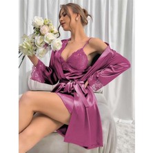 MOTTO10 Butik Dantel Işlemeli Ince Askılı Lila 2'li Saten Gecelik Sabahlık Takımı