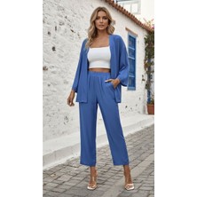 byasafkids Kadın Uzun Kollu Önü Açık Dokuma Ceket ve Pantolon Ikili Takım