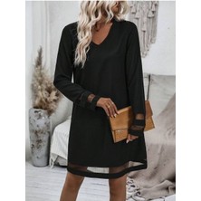 byasafkids Kadın Uzun Kollu V Yakalı Tül Şerit Detaylı Mini Krep Elbise