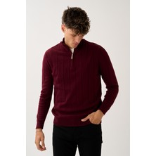 Dikey Dokuma Desenli Fermuarlı Triko Kazak