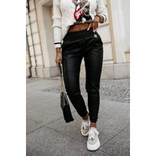 byasafkids Kadın Yüksek Bel Lastikli Cepli Deri Pantolon