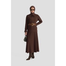 Armine Trend Kolu Büzgülü Bağcık Detaylı Etekli Triko İkili Takım Kahverengi 25KTD6108
