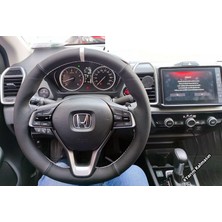 Detay Deri Direksiyon  Direksiyon Kılıfı  Honda City 2022 Soft Spor DesenBeyaz Şerit Beyaz Dikişli