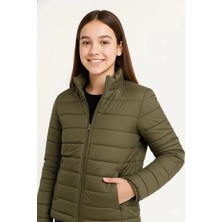 Kız Çocuk Şişme Mont Hafif ve Sıcak Tutucu Kışlık Fermuarlı Su Itici Rahat Günlük Mont Kapüşonuz Modern Tasarım - Haki