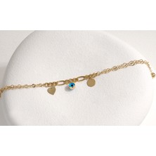 Gold Marley 14 Ayar Minimal Kalp ve Nazar Boncuklu Altın Bileklik