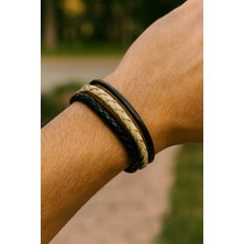 Generic Hakiki Örgü Deri Erkek Bileklik | Siyah Krem Manyetik Kilitli Şık Tasarım