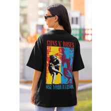 Sevbano Guns N' Roses Use Your Illusion Yazılı Sırt Baskılı Unisex Oversize Rock Metal Müzik Grubu Tişört