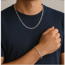 Siset Gümüş 925 Ayar Sertifikalı  2,8 mm Rodyum Kaplama  Erkek  Gümüş Bileklik-Kolye Ikili Set