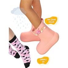 Casabony Pudra Yağmur Botu Su Geçirmez PVC Malzeme ile Düz Topuklu Kışlık Çoraplı Set