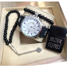 Rodium Erkek Kayışlı Kol Saati 4 Parça Hediye Seti Beyaz