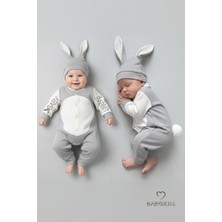 Babyden's Bebek Tavşanlı Tulum Şapka Set %100 Pamuklu Çıtçıtlı,ayarlanır Ponponlu Unisex Yenidoğan Tulum Seti