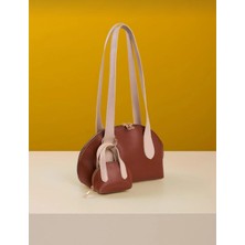 Özüm Takı Çanta Kadın Mini Çantalı Charm Detaylı Uzun Saplı El ve Kol Çantası Taba Krem