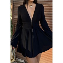 SEVENLINE Kadın V Yaka Arkası Dekolteli Ispanyol Kol Şortlu Mini Elbise Si̇yah - S
