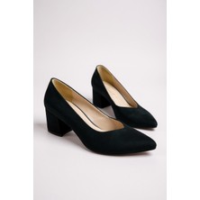 Modayak Zarif Siyah Süet Kare Topuk Sivri Burun Topuklu Ayakkabı