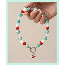 Elar Aksesuar El Yapımı Boncuklu Köpek Tasması – Yeşil Kırmızı Kalp Detaylı