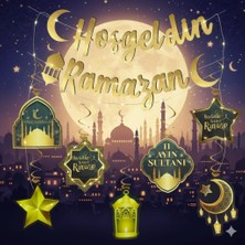Hoşgeldin Ramazan Kaliğrafi 6 Lı Tavan Sarkıt Ramazan Süs ve LED Işık 3 Lü Set
