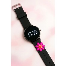 Rodium Çocuk Kol Saati Silikon Kordonlu Çiçek Emojili LED Çocuk Saati Siyah