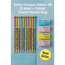 KarmaOfis Safari Kurşun Kalem 2b 12 Adet + 3 Adet Pastel Renkli Silgi