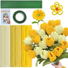 Hobialem 75 Adet 3'lü Şönil Yapım Kiti, Sarı(25) , Koyu Sarı(25) ve Krem(25) Çiçek Teli ve Çiçek Bandı Set