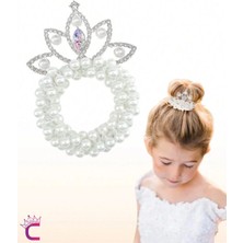Cinderella Su Damlası Kristal Taşlı Incili Kız Çocuk Prenses Tacı Lastikli Topuz Tokası - Parti Doğum Günü Taç