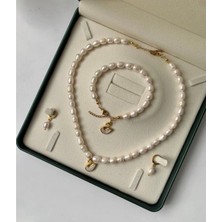 Taşmir Sertifikalı Doğal Büyük Arpa Inci Kolye Bileklik Küpe Set Kuğu Charm Altın Kaplama Pirinç Aparatlar