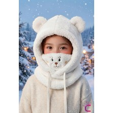 Cinderella Sevimli Ayıcıklı Yumuşak Peluş Bere Boyunluklu Şapka Atkı Bir Arada Beyaz 3-12 Yaş Kışlık Hediyelik
