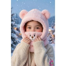 Cinderella Sevimli Ayıcıklı Yumuşak Peluş Bere Boyunluklu Şapka Atkı Bir Arada Pembe 3-12 Yaş Kışlık Hediyelik