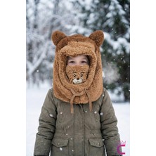 Cinderella Sevimli Ayıcıklı Yumuşak Peluş Bere Boyunluklu Şapka Atkı Bir Arada Kahve 3-12 Yaş Kışlık Hediyelik